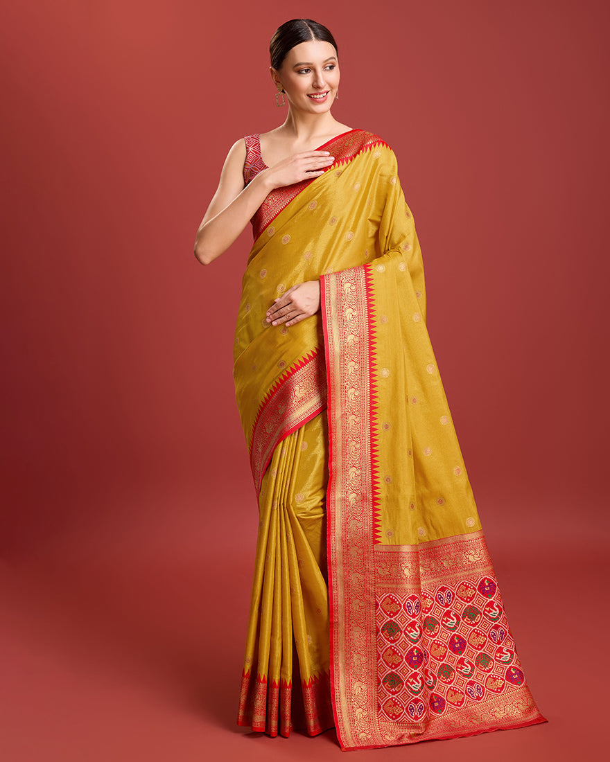 Monjolika Fashion Exquisite Designs With This Regal Mustard Color Patola Pallu Banarasi Tissue Silk Saree | Grocsy