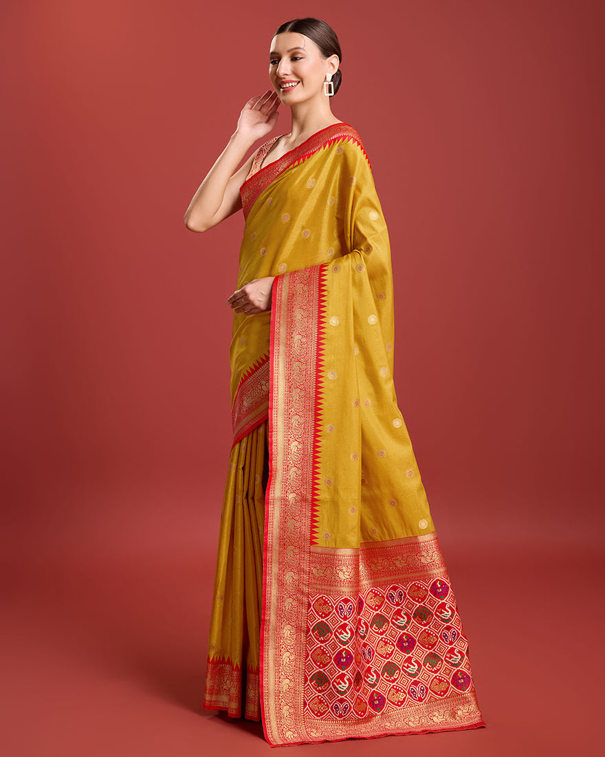 Monjolika Fashion Exquisite Designs With This Regal Mustard Color Patola Pallu Banarasi Tissue Silk Saree | Grocsy