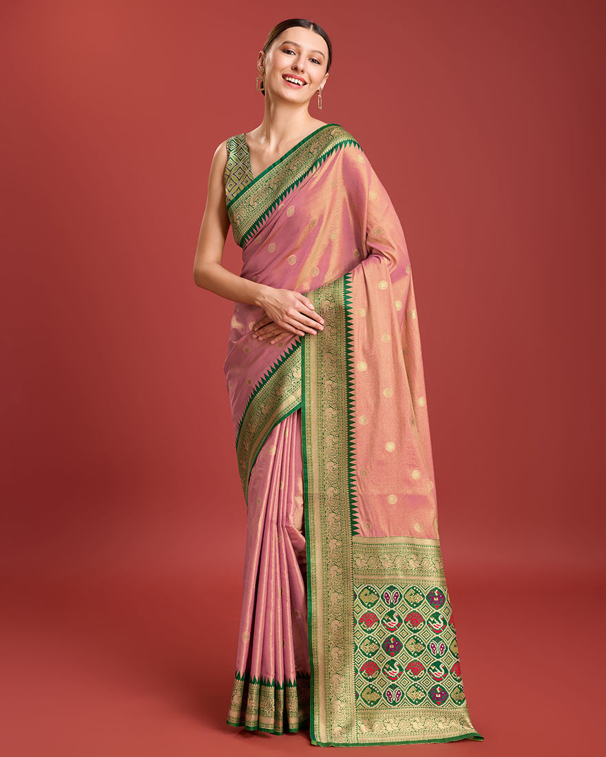 Monjolika Fashion Exquisite Designs With This Regal Rose Pink Patola Pallu Banarasi Tissue Silk Saree | Grocsy