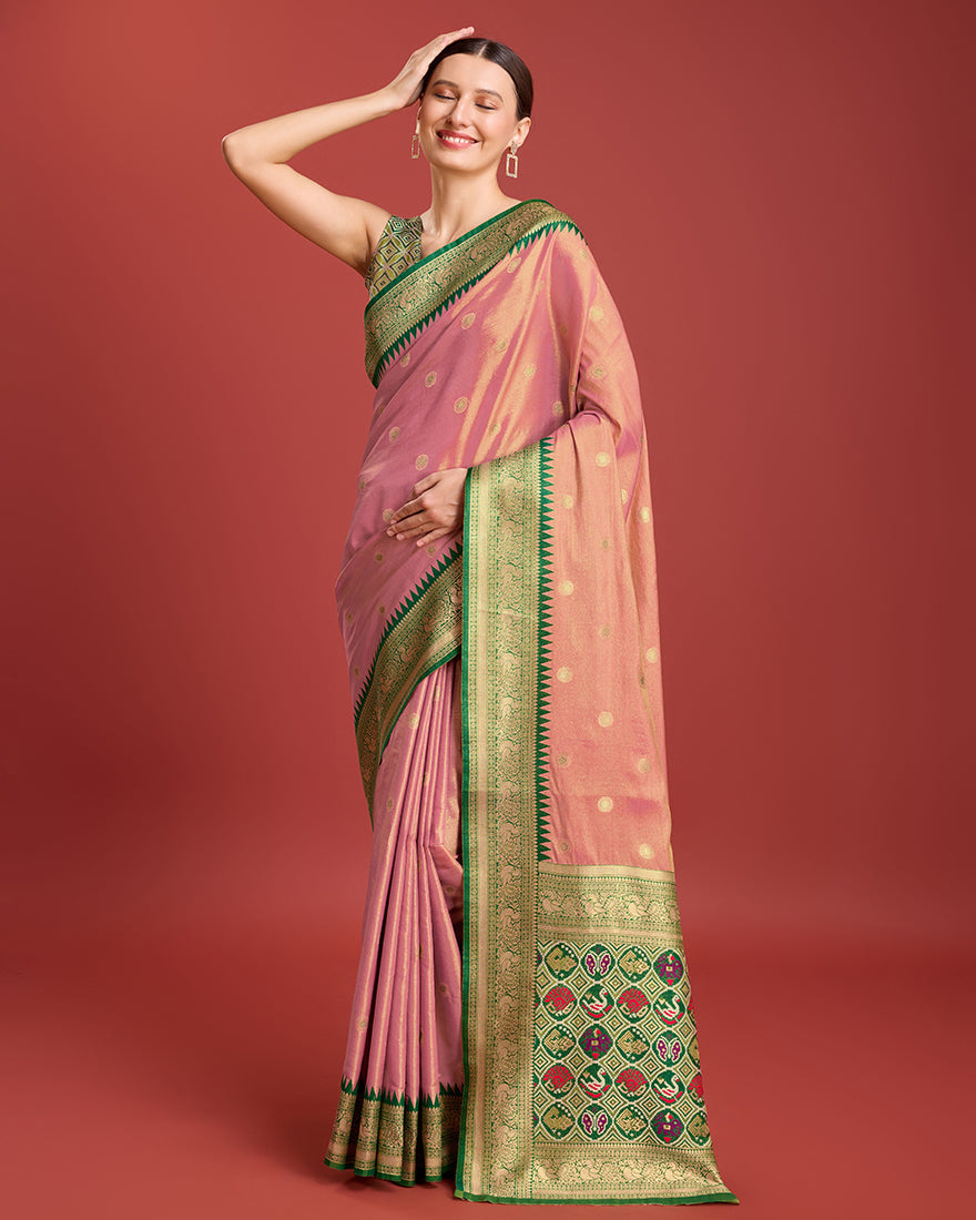 Monjolika Fashion Exquisite Designs With This Regal Rose Pink Patola Pallu Banarasi Tissue Silk Saree | Grocsy
