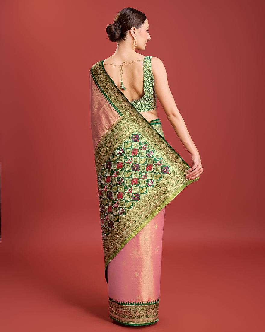 Monjolika Fashion Exquisite Designs With This Regal Rose Pink Patola Pallu Banarasi Tissue Silk Saree | Grocsy
