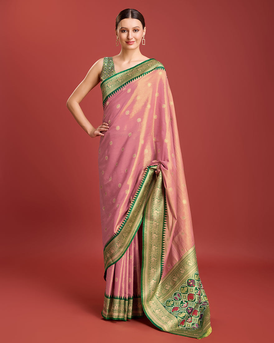 Monjolika Fashion Exquisite Designs With This Regal Rose Pink Patola Pallu Banarasi Tissue Silk Saree | Grocsy
