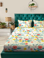 KLOTTHE White & Blue Floral Printed 300 TC King Bedsheet With 2 Pillow covers | Grocsy