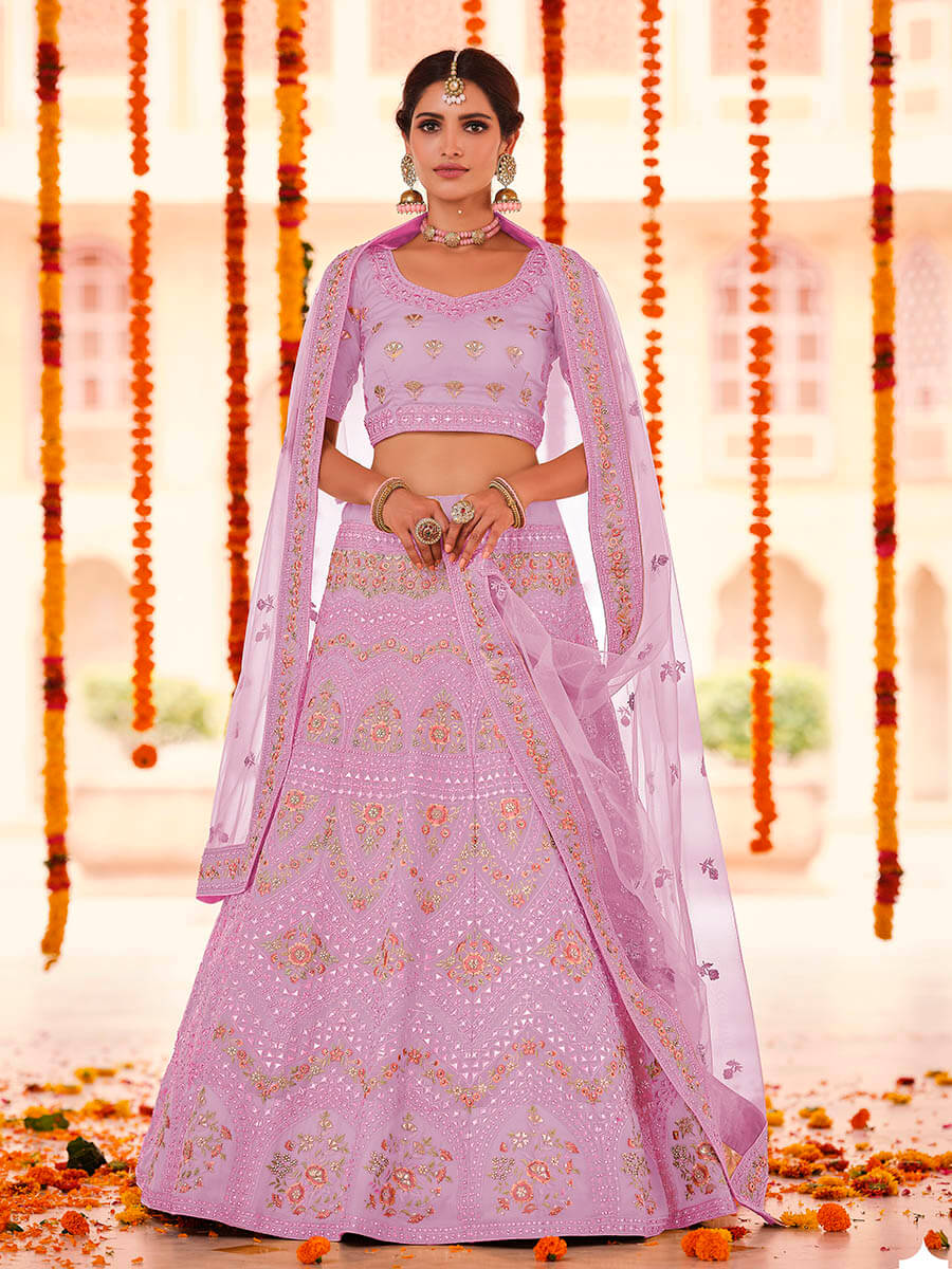Myra Pink Organza Embroidered Designer Lehenga | Grocsy
