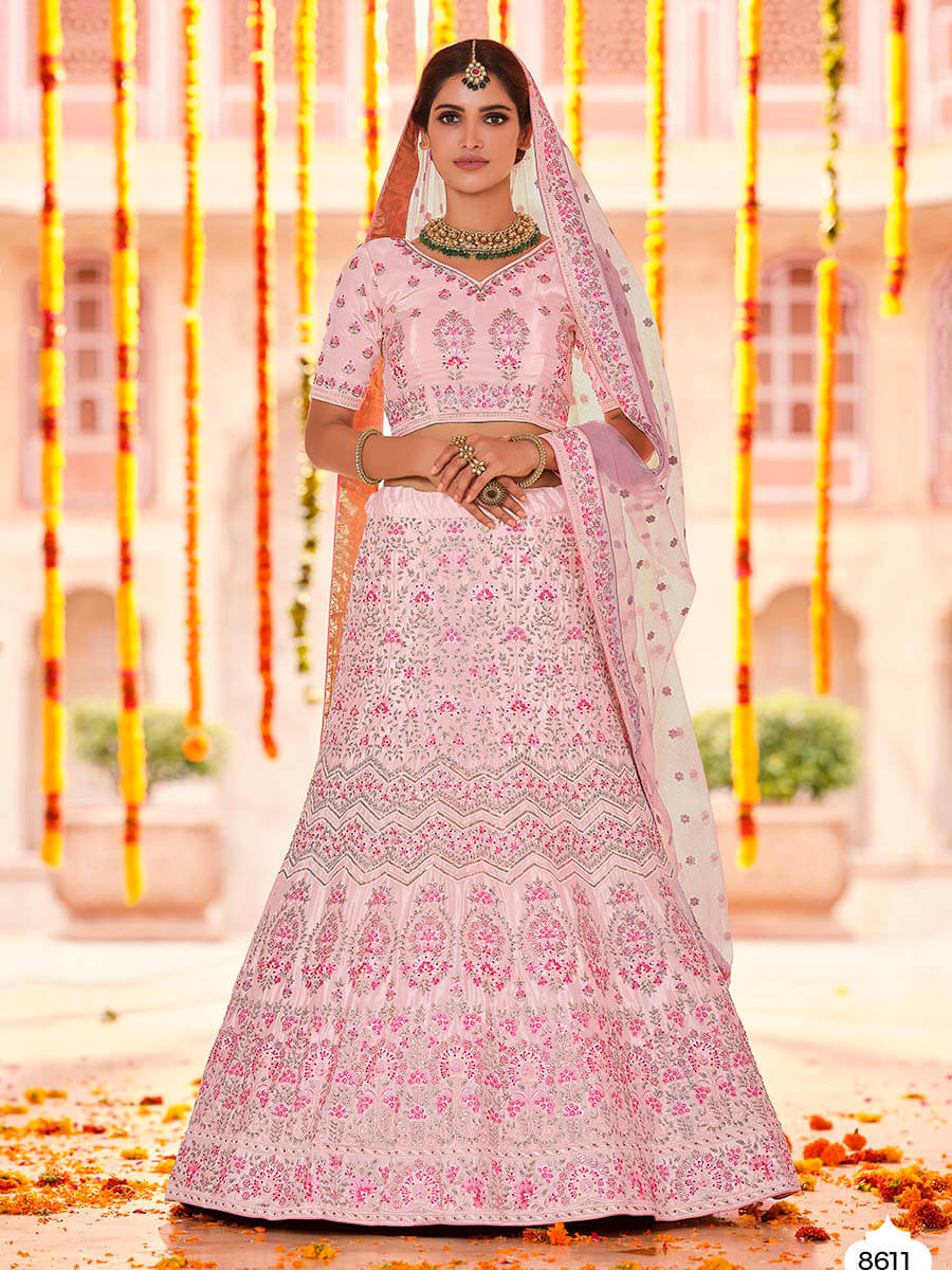 Myra Pink Crepe Heavy Embroidered Lehenga | Grocsy