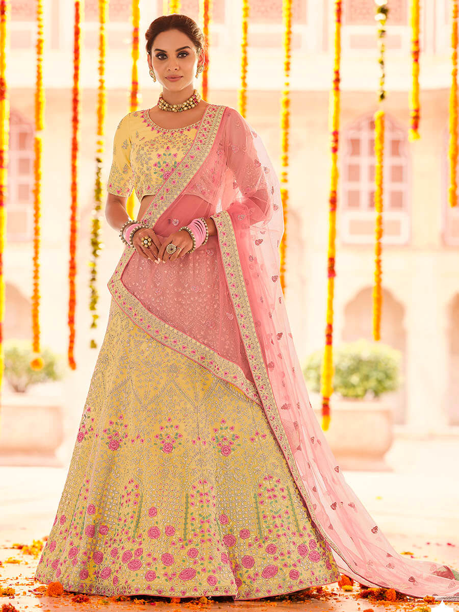 Myra Yellow Georgette Heavy Embroidered Lehenga | Grocsy