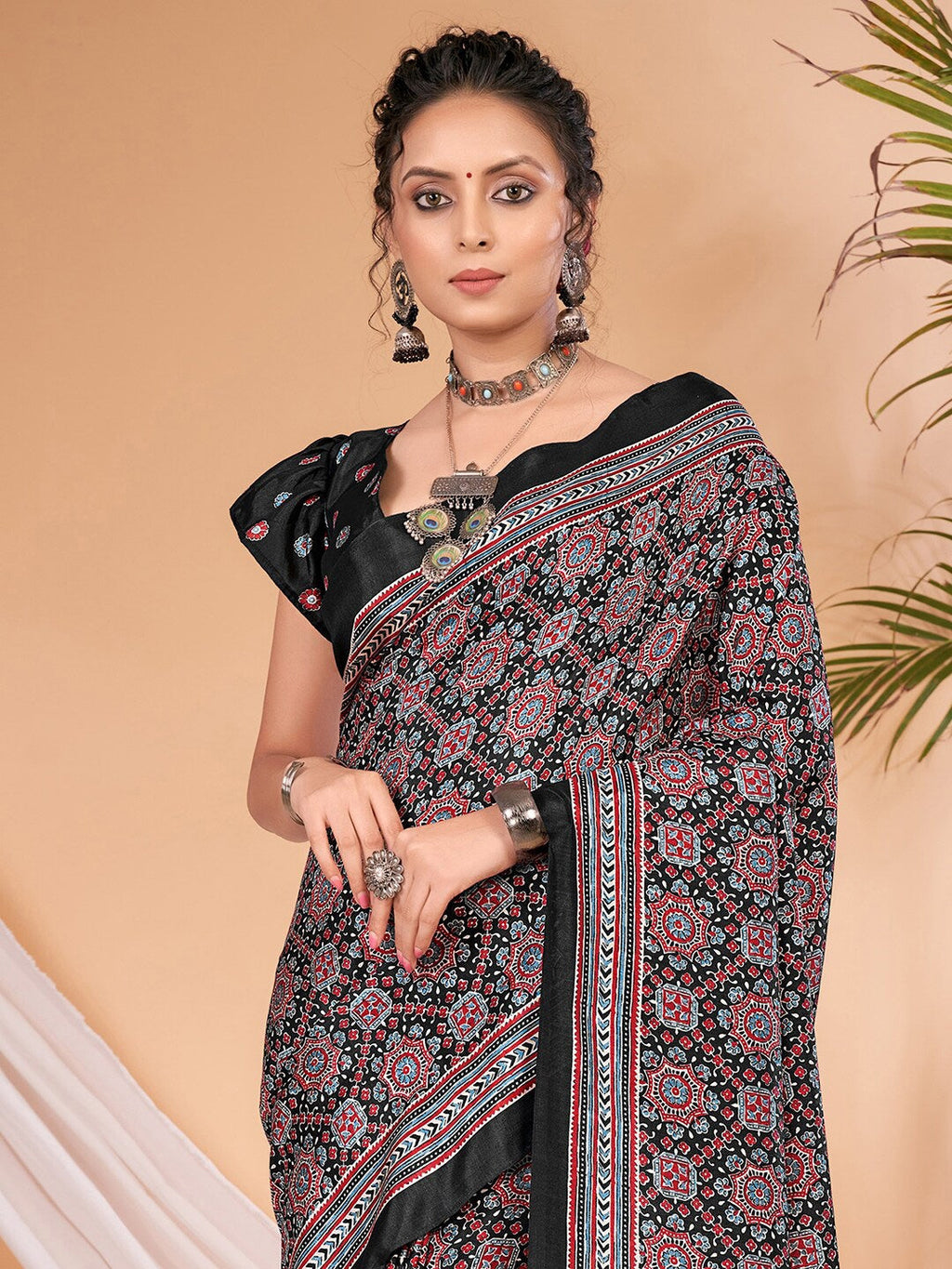 Saree Mall Ajrakh Silk Blend Block Print Sarees | Grocsy