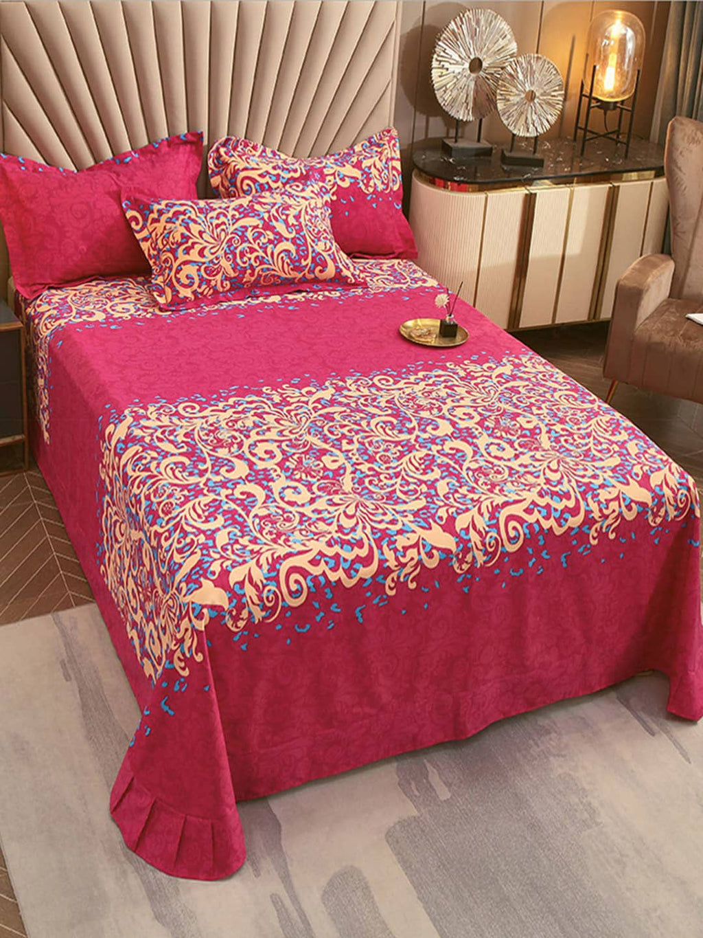 JC Collection Pink & Blue TC 240 Ethnic Motifs Cotton King Bedsheet with 2 Pillow Covers | Grocsy
