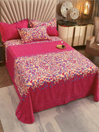 JC Collection Pink & Blue TC 240 Ethnic Motifs Cotton King Bedsheet with 2 Pillow Covers | Grocsy