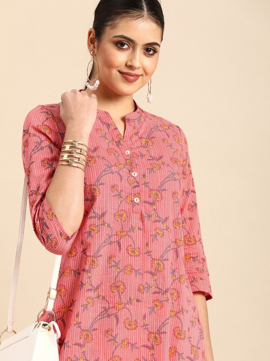 All About You Women Pink & Yellow Floral Printed Kurta | Grocsy
