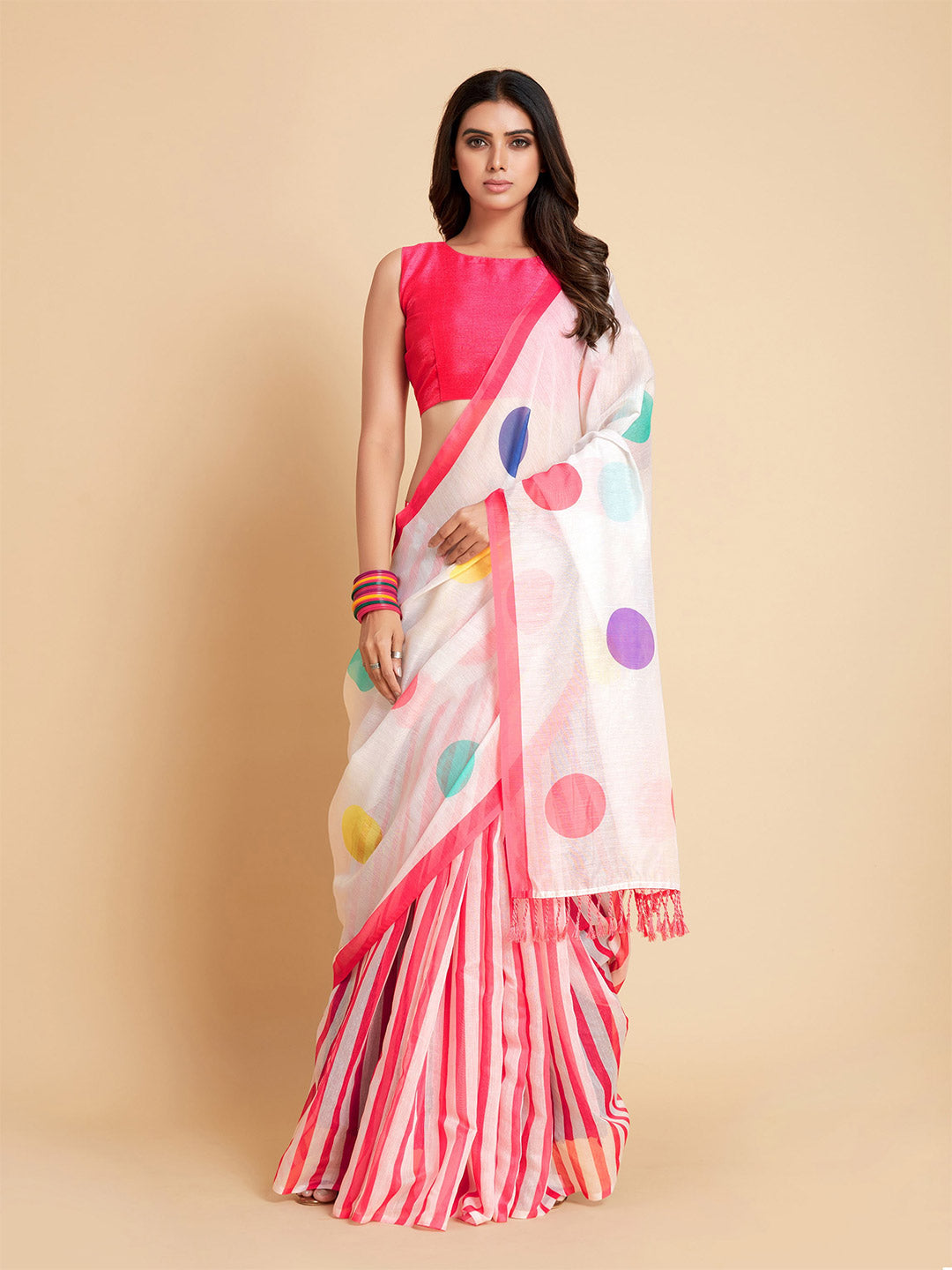Sangria White & Pink Polka Dotted Saree | Grocsy