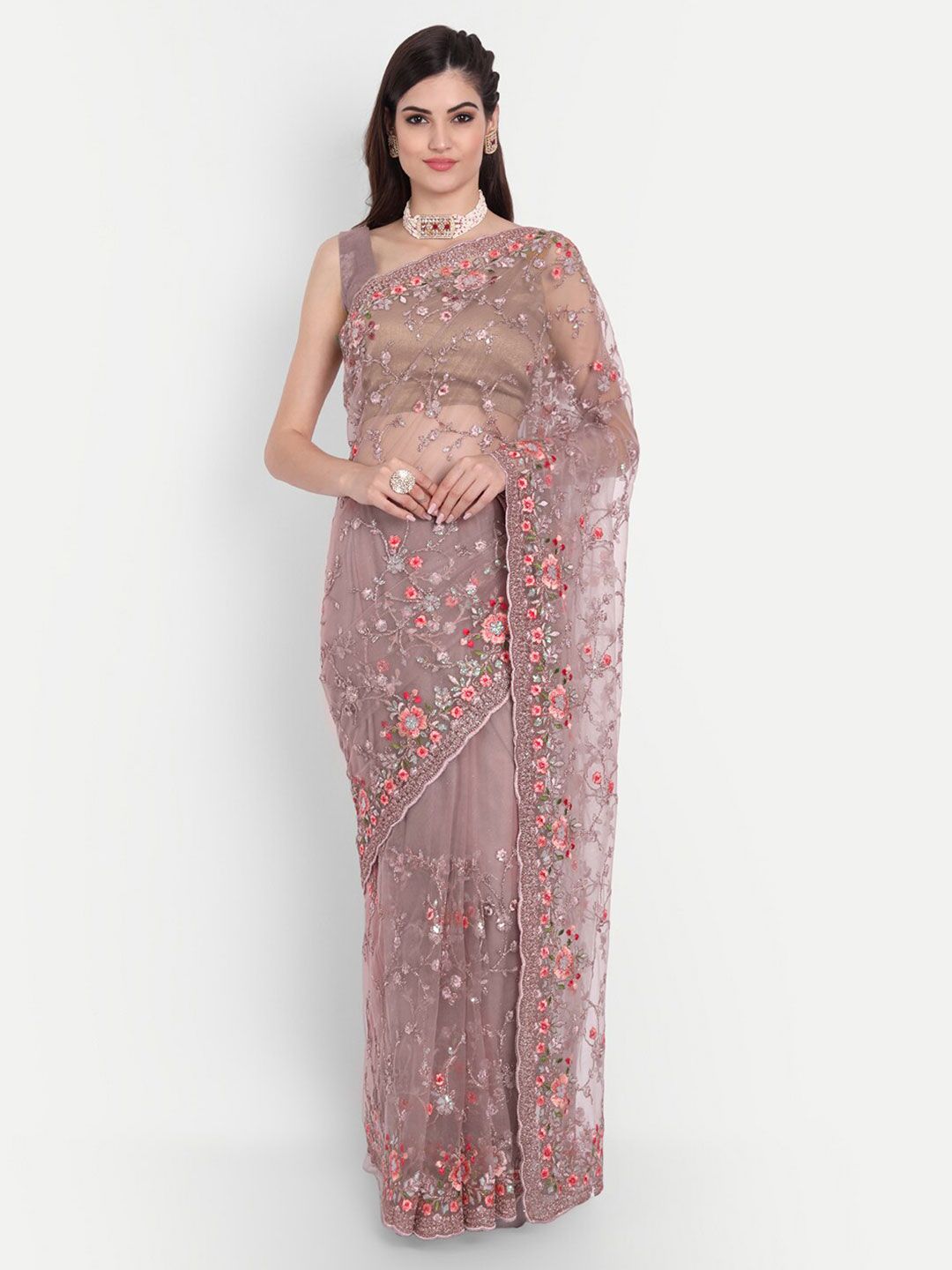 kasee Kasee Lavender & Red Floral Embroidered Net Saree | Grocsy