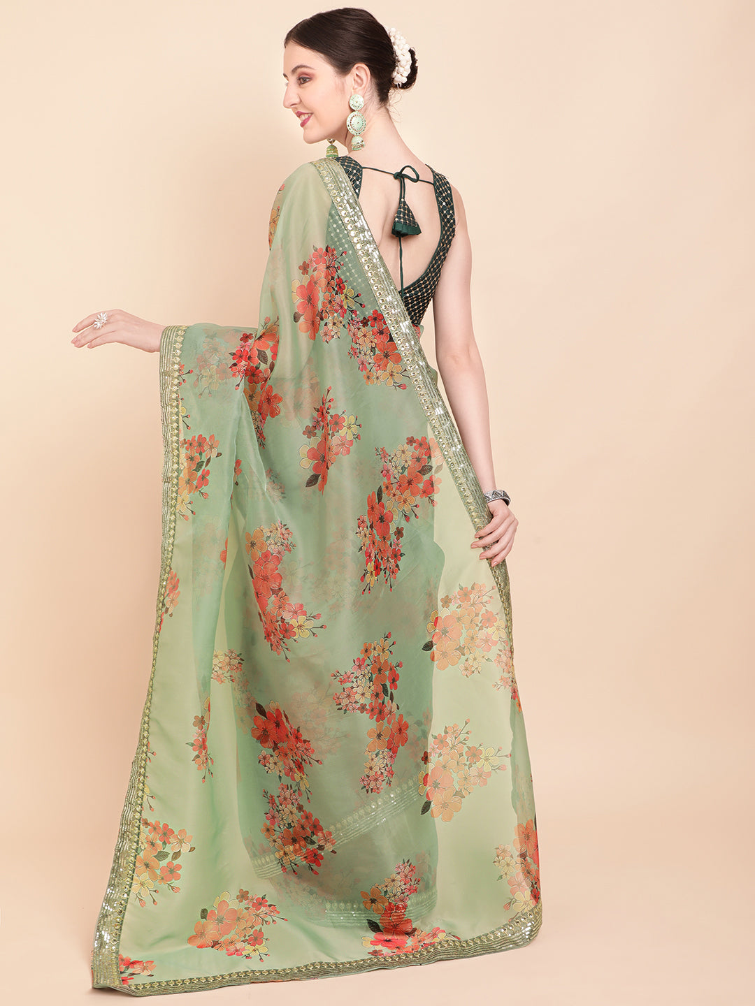 Sangria Olive Green & Red Floral Printed Organza Saree With Sequinned Blouse piece | Grocsy