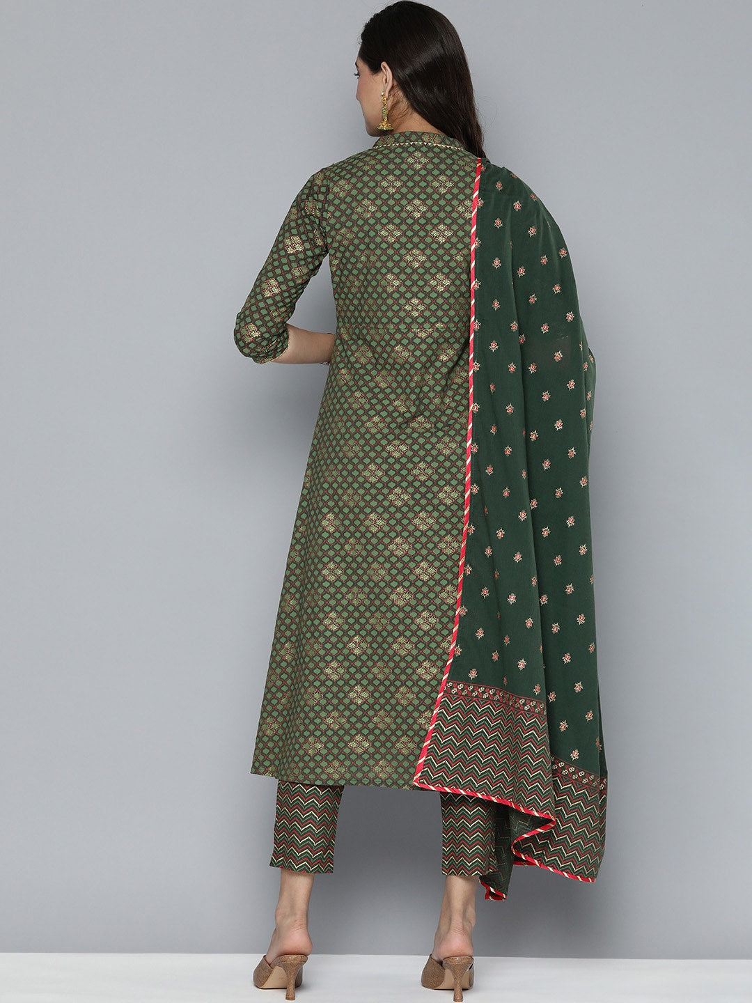 HERE&NOW Ethnic Motifs Printed Gotta Patti Pure Cotton Kurta With Trousers & With Dupatta | Grocsy