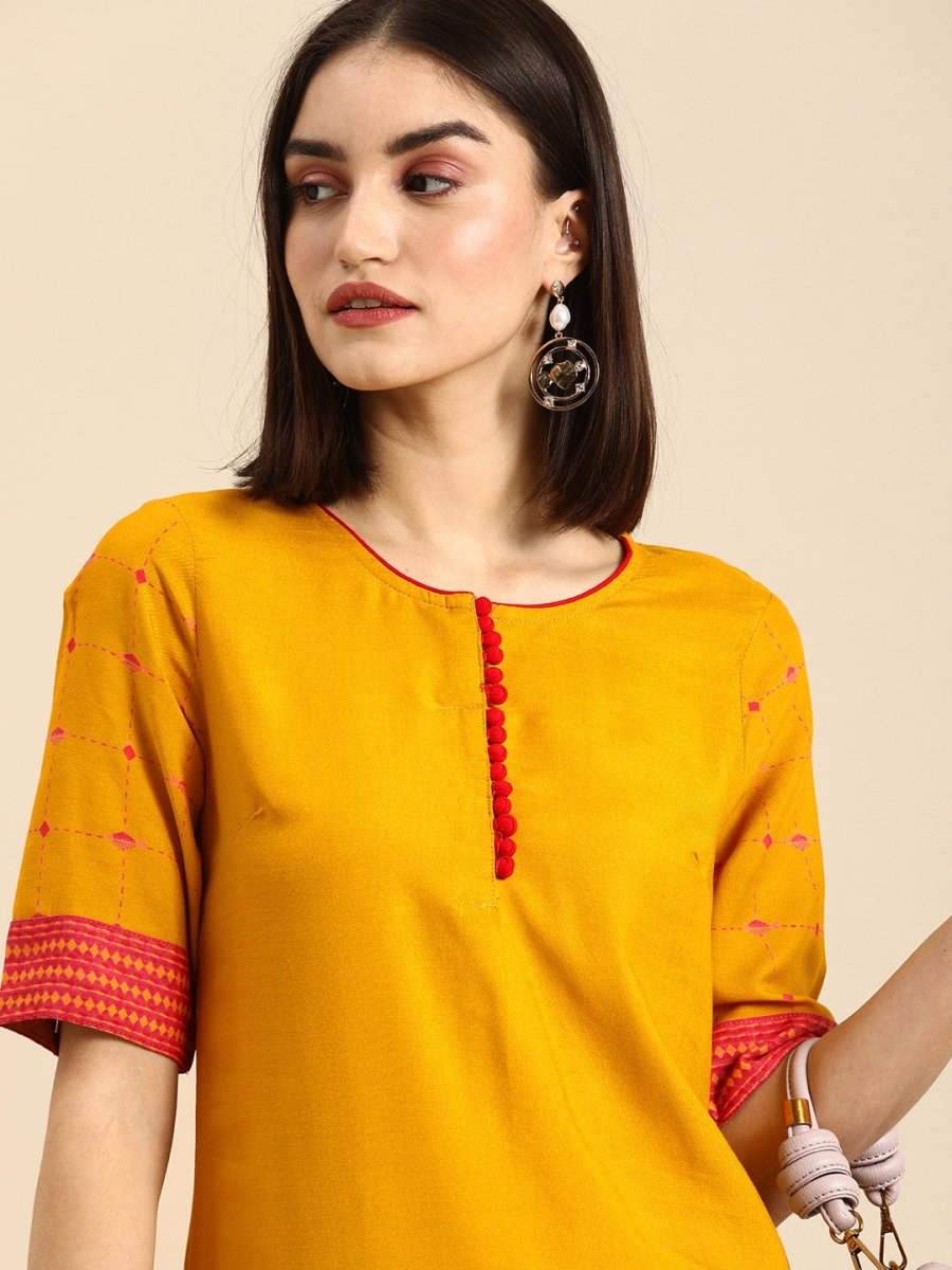 All About You Women Mustard Yellow & Pink Round Neck Regular Kurta with Palazzos | Grocsy
