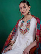 Sangria Floral Yoke Embroidered Straight Kurta & Trousers With Dupatta | Grocsy