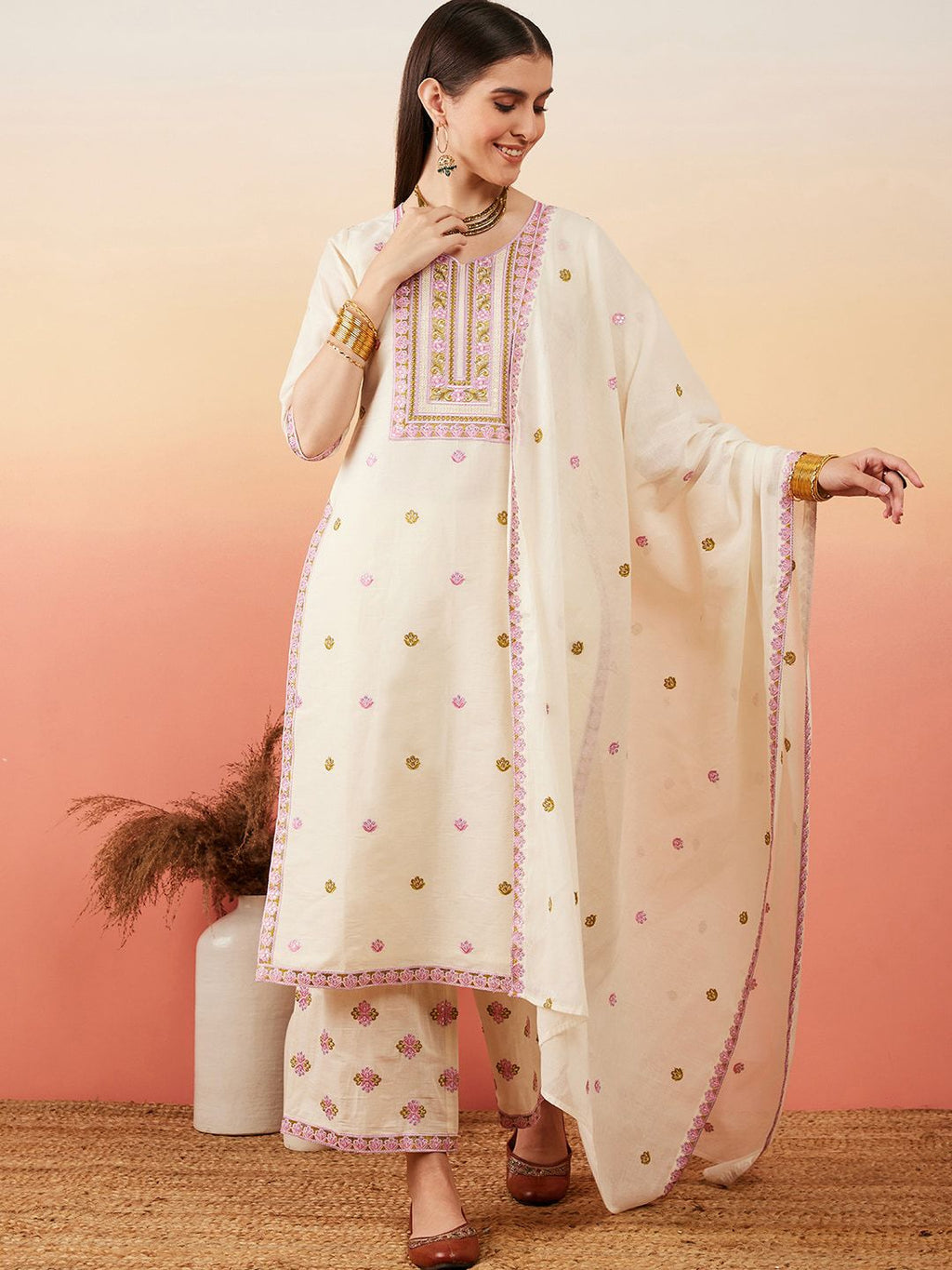 Sangria Floral Embroidered Pure Cotton Straight Kurta With Palazzo & Dupatta | Grocsy