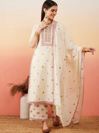 Sangria Floral Embroidered Pure Cotton Straight Kurta With Palazzo & Dupatta | Grocsy