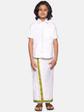 Sethukrishna Boys White & Green Cotton Shirt With Readymade Dhoti | Grocsy
