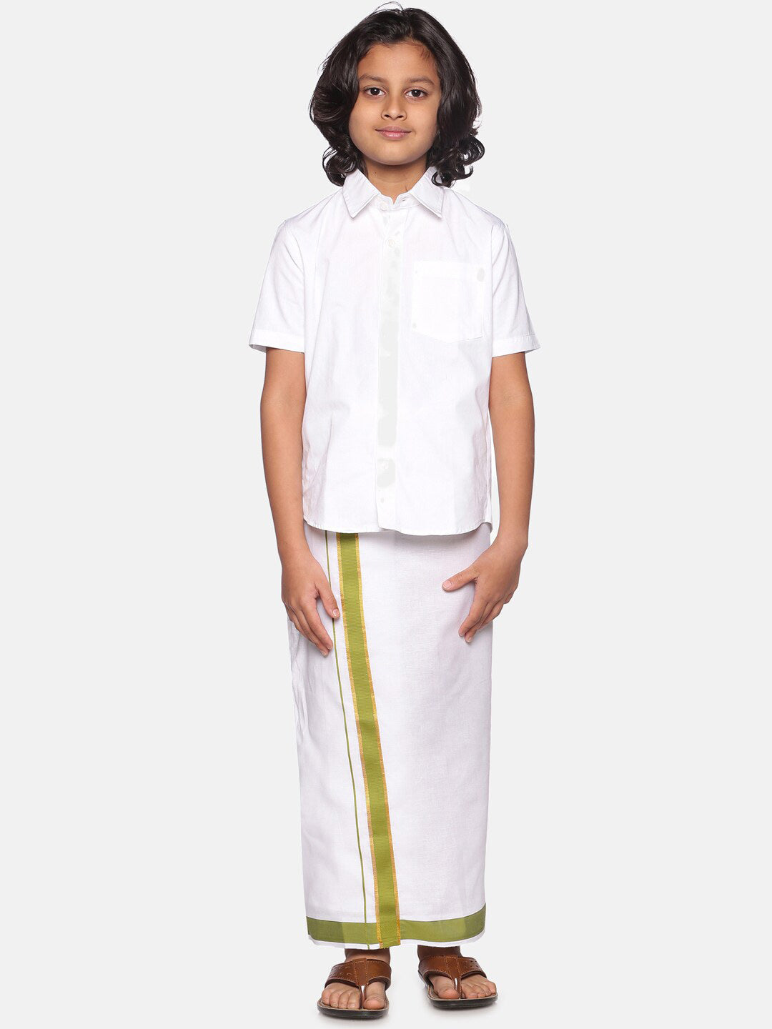 Sethukrishna Boys White & Green Cotton Shirt With Readymade Dhoti | Grocsy