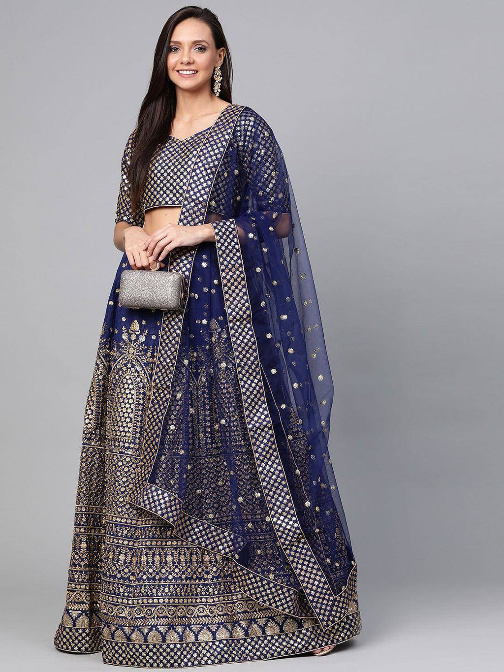 Tulsi Art Navy Blue Embroidered Semi-Stitched Myntra Lehenga & Unstitched Blouse With Dupatta | Grocsy