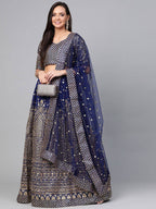 Tulsi Art Navy Blue Embroidered Semi-Stitched Myntra Lehenga & Unstitched Blouse With Dupatta | Grocsy
