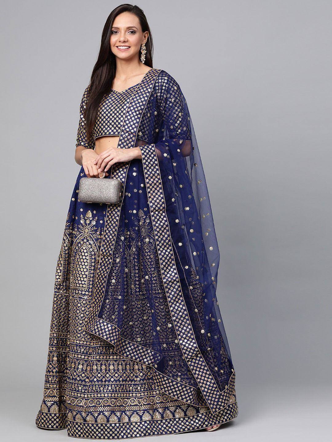 Tulsi Art Navy Blue Embroidered Semi-Stitched Myntra Lehenga & Unstitched Blouse With Dupatta | Grocsy