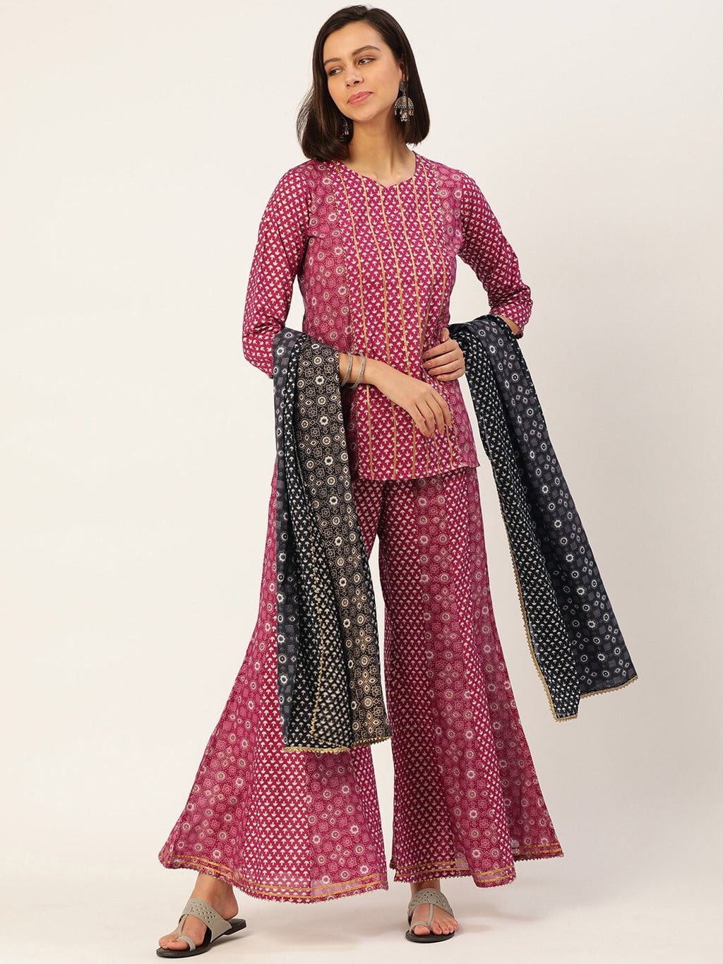 HERE&NOW Women Pink And Black Ethnic Printed Pure Cotton Kurti With Palazzo And Dupatta | Grocsy