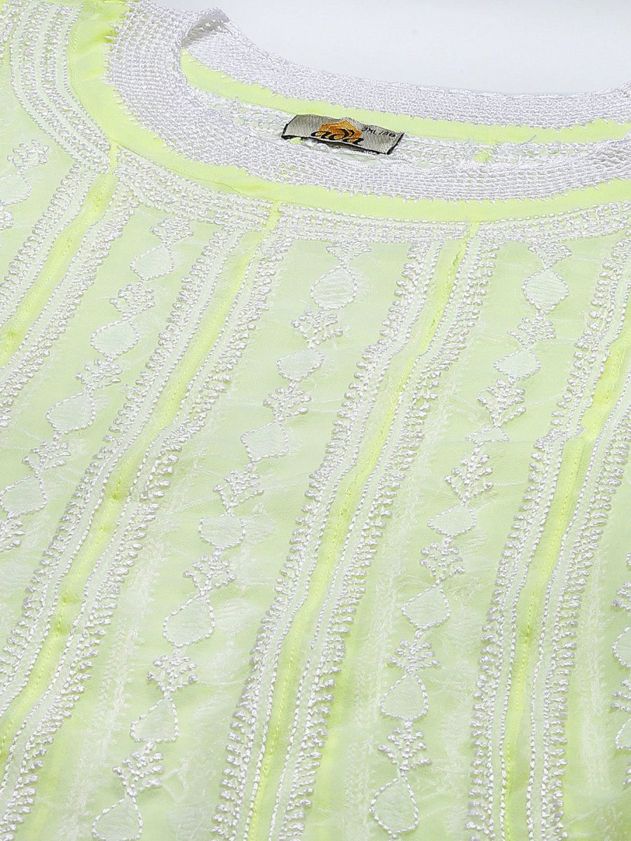 ADA Women Lime Green & White Ethnic Motifs Plus Size Chikankari Georgette Anarkali Kurta | Grocsy