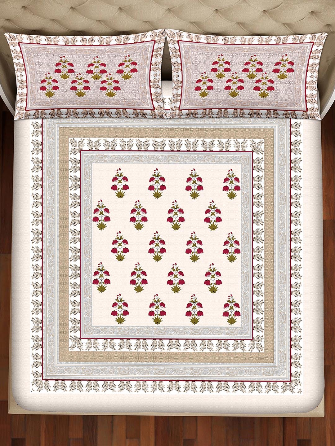 BELLA CASA Pink & Green Ethnic Motifs 350 TC Super King Bedsheet with 2 Pillow Covers | Grocsy
