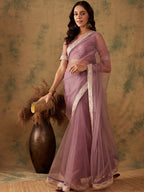 Sangria Mauve Zari Embroidered and Sequinned Net Saree | Grocsy
