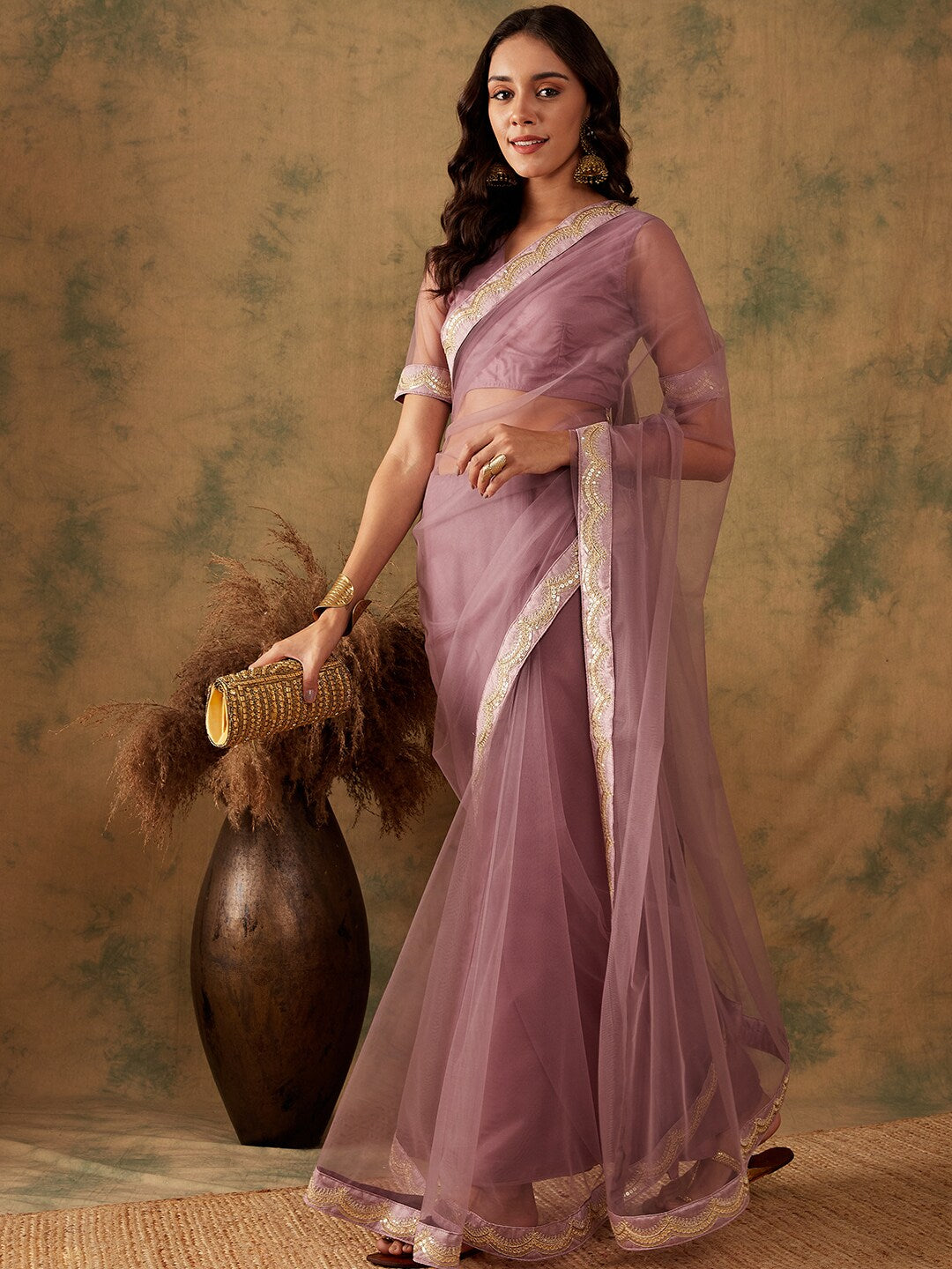Sangria Mauve Zari Embroidered and Sequinned Net Saree | Grocsy