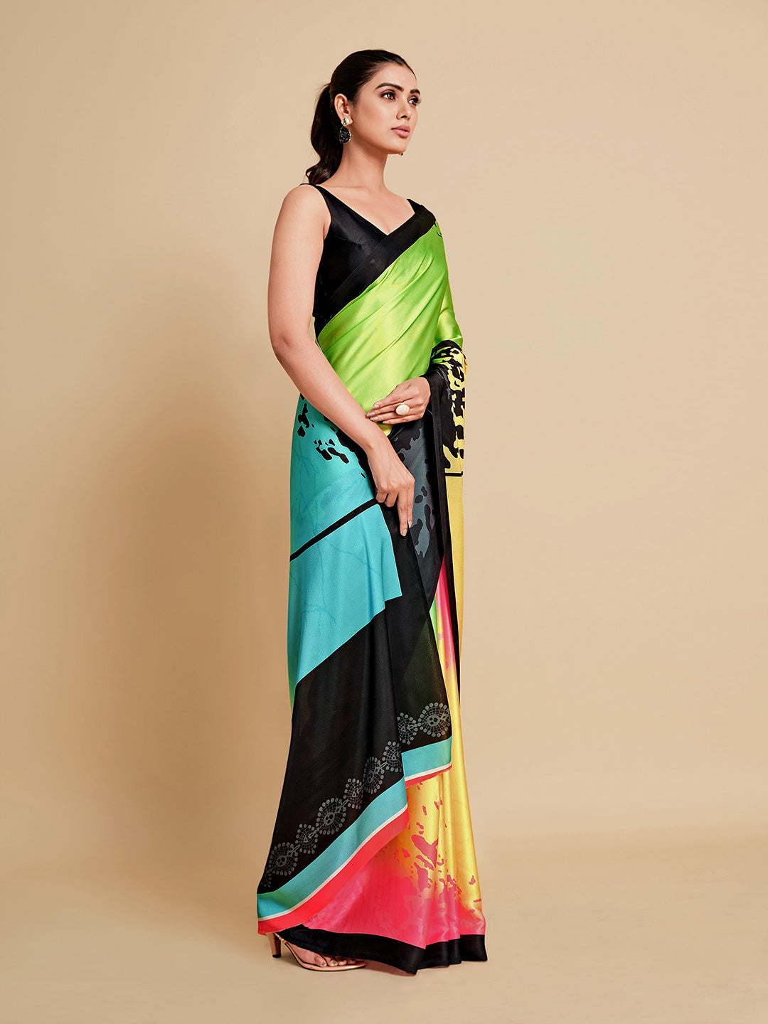 Sangria Lime Green & Blue Satin Saree | Grocsy