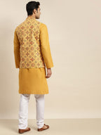 Sojanya Men Mustard Yellow Pure Cotton Kurta with Churidar & Nehru Jacket | Grocsy