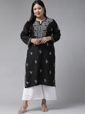 ADA Women Plus Size Black & White Chikankari Hand Embroidered Sustainable Straight Kurta | Grocsy