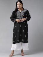 ADA Women Plus Size Black & White Chikankari Hand Embroidered Sustainable Straight Kurta | Grocsy
