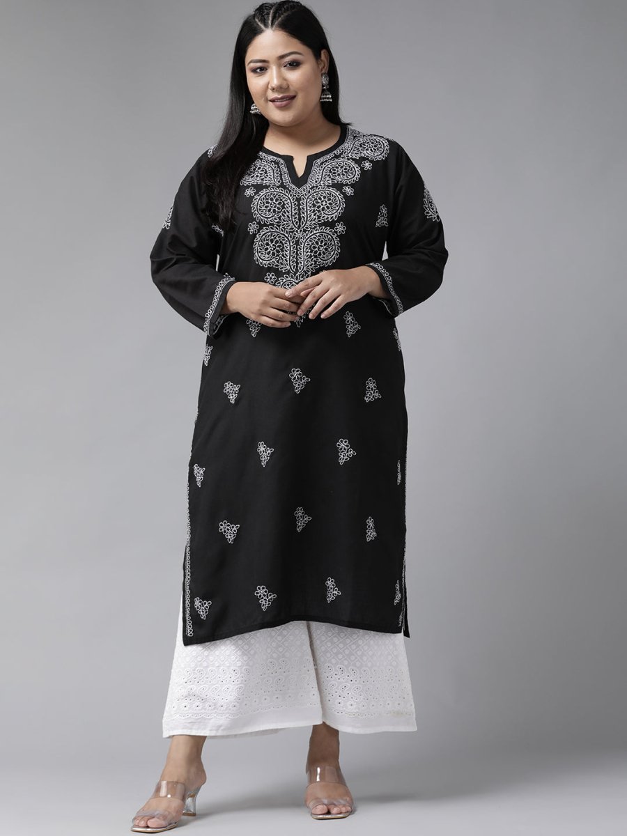 ADA Women Plus Size Black & White Chikankari Hand Embroidered Sustainable Straight Kurta | Grocsy