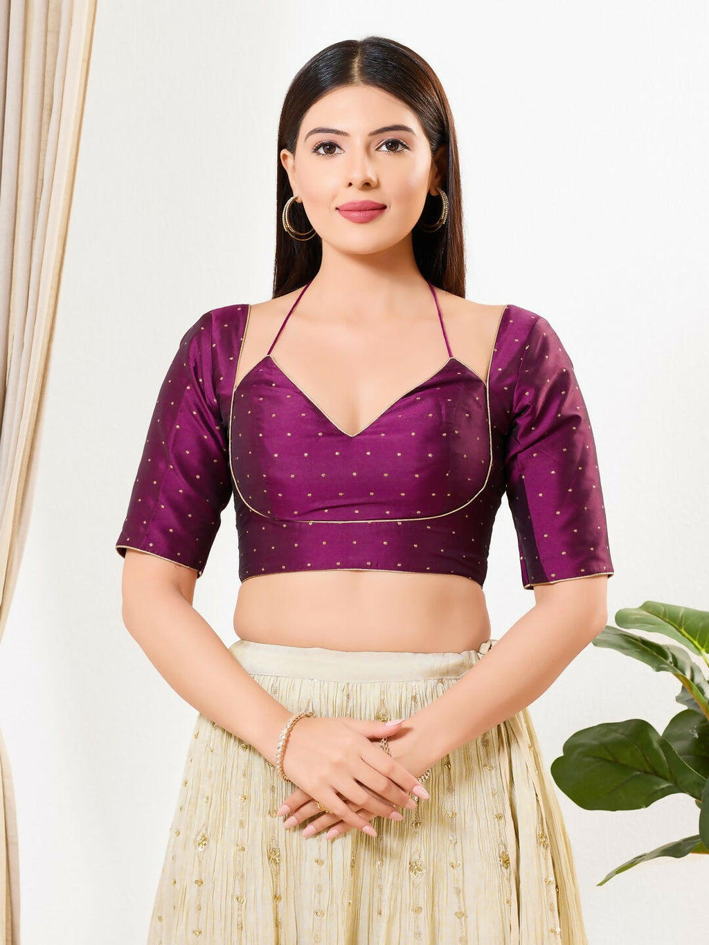 Joban Fashion Purple Brocade Padded Blouse With Sweetheart Neck Elbow Sleeves | Grocsy