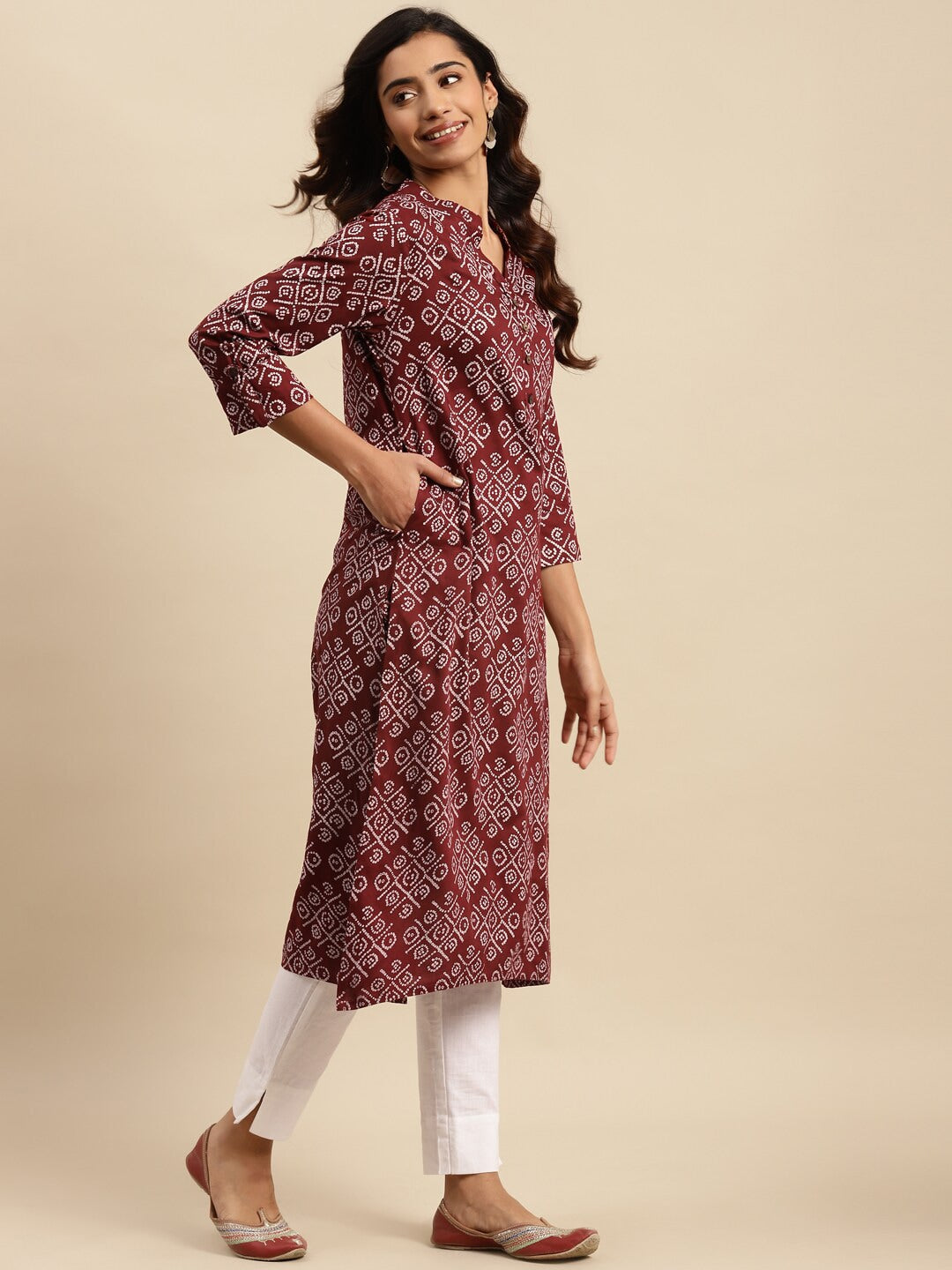 Sangria Maroon Bandhani Printed Pure Cotton Straight Kurta | Grocsy
