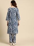 Sangria Women Navy Blue Ethnic Motifs Embroidered Detail Cotton Kurta with Trousers | Grocsy