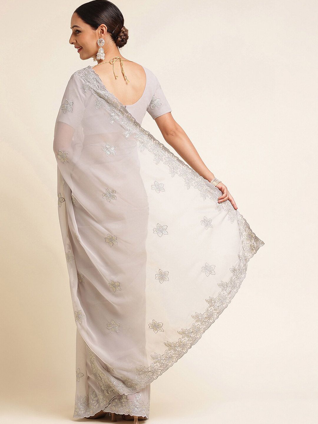 kasee Floral Embroidered Poly Gerogette Saree | Grocsy