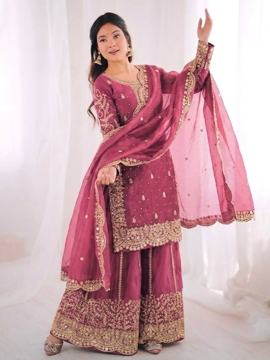 Teeya Creation Womens New Trendy Embroidery Coding And Sequence Work Pink Kurta Set | Grocsy