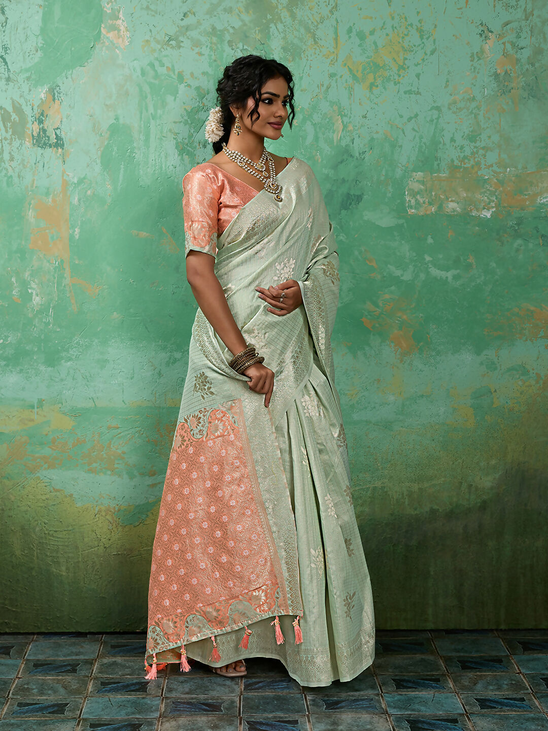 Shree Shyam Fashion Rama Green Linen Cotton Saree | Grocsy