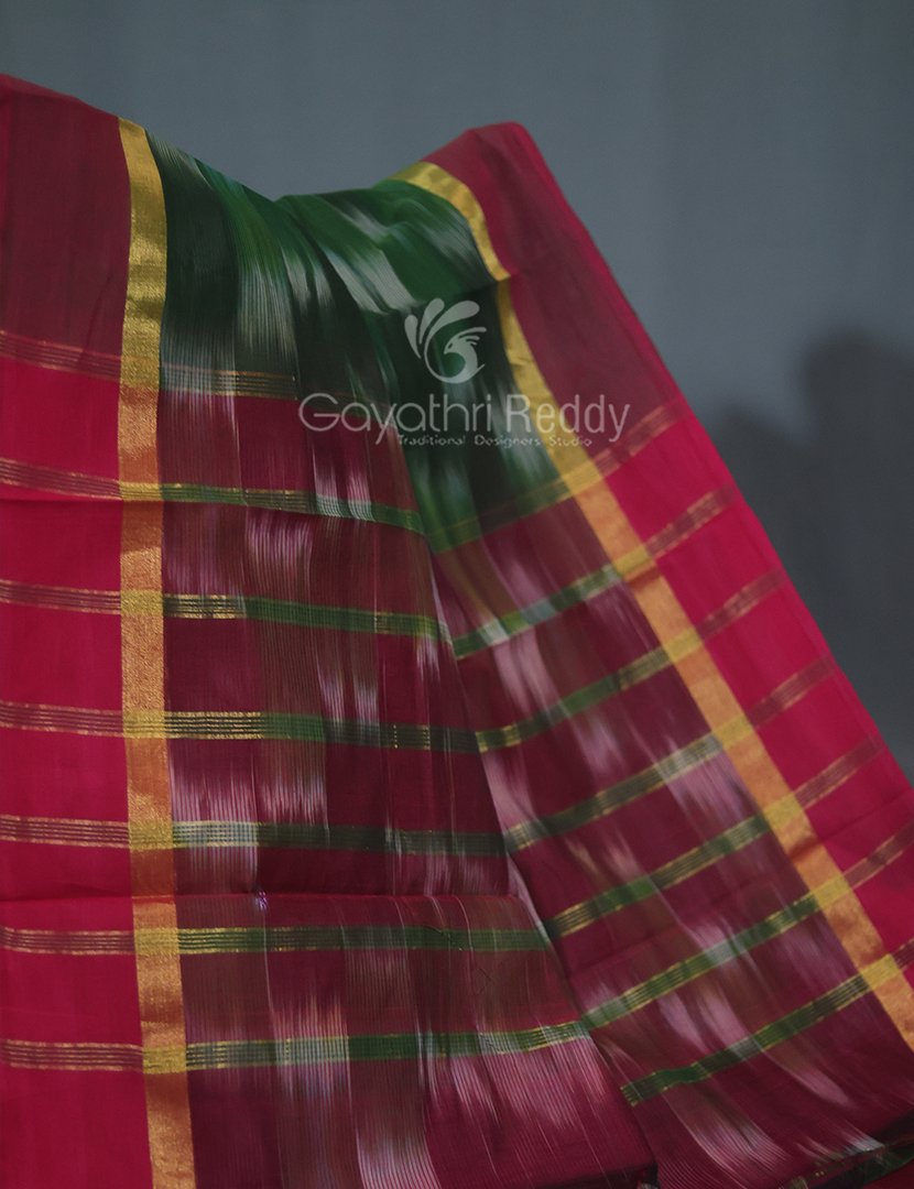 Dual Shades of Mango Green And Maroon Mangalagiri Ikkat Cotton Saree By Gayathri Reddy Designer Studio | Grocsy