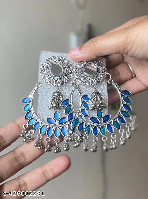 Tehzeeb Creations Women's Silver Plated Blue Meenakari Earrings | Grocsy