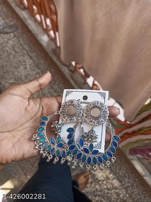 Tehzeeb Creations Women's Silver Plated Blue Meenakari Earrings | Grocsy