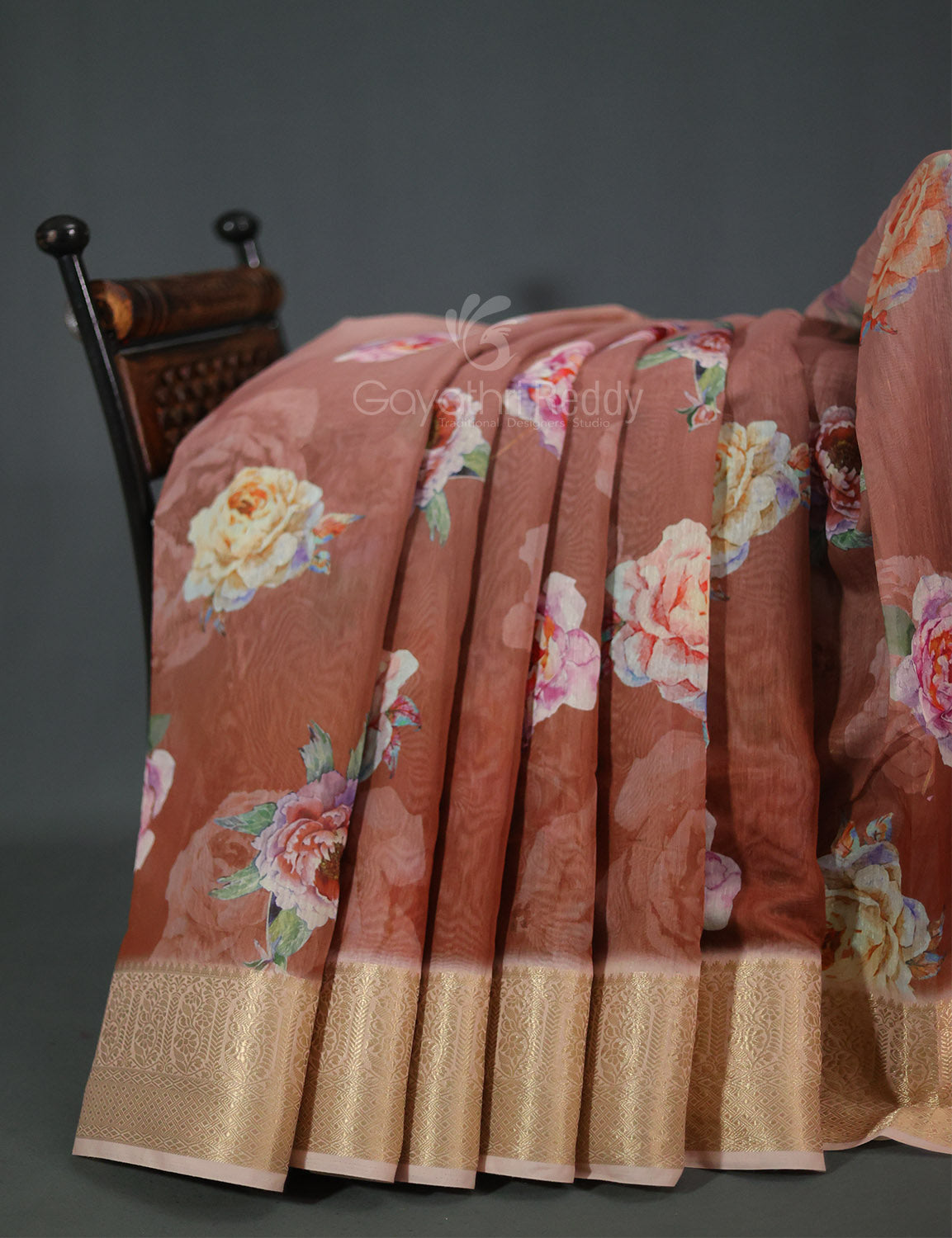 Light Rust Colour Floral Printed Semi Chanderi Saree By Gayathri Reddy Designer Studio | Grocsy