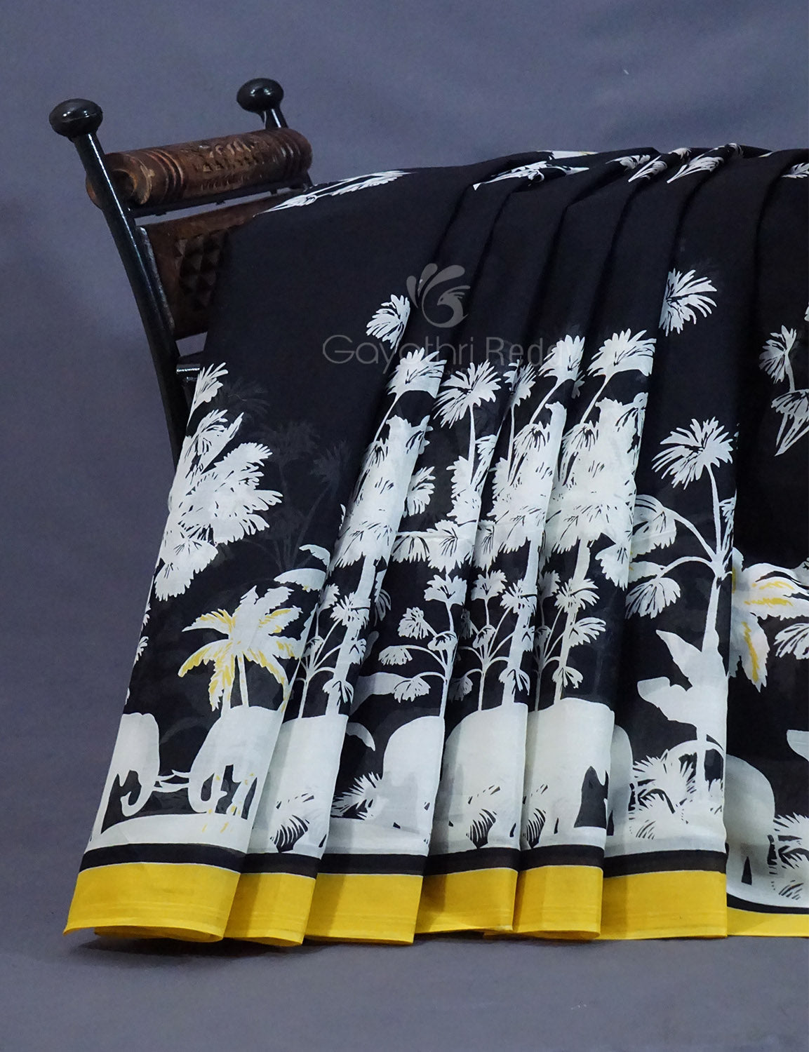 Black And Banana Yellow Colour Block Print Pure Mulmul Cotton Saree By Gayathri Reddy Designer Studio | Grocsy