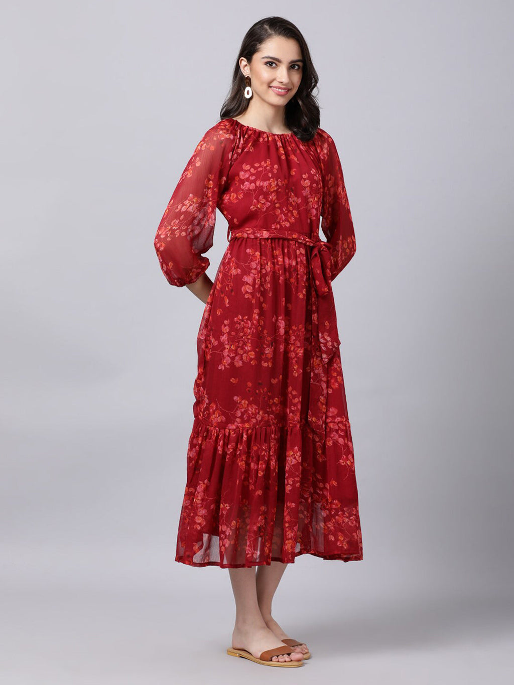 Souchii Maroon Floral Layered Chiffon A-Line Midi Dress | Grocsy