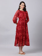 Souchii Maroon Floral Layered Chiffon A-Line Midi Dress | Grocsy
